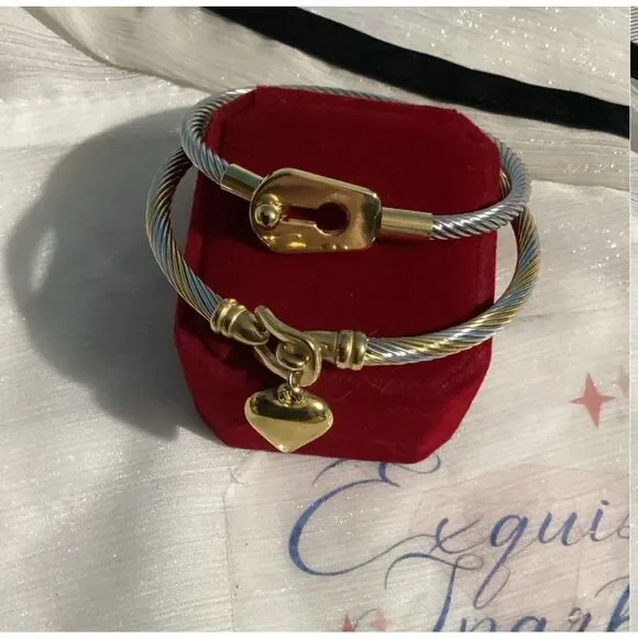 🗝️🖤•Industrial Chic Multi Tone Cable Bracelet Set – Gold Lock & Heart Charm - Picture 4 of 12